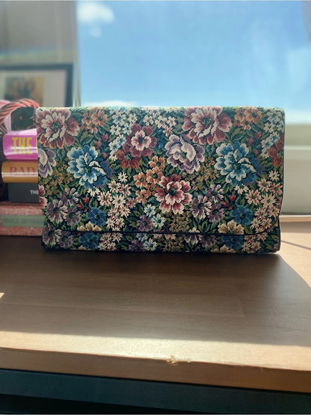 Vintage Floral Needlepoint Clutch in Blue, Pink, Green